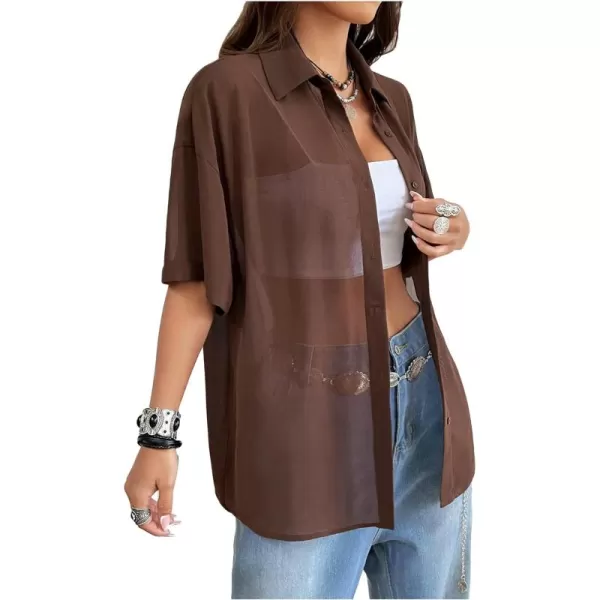SweatyRocks Women's Collared Half Sleeve Button Down Shirt Casual Sheer Blouse Top