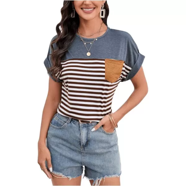 SweatyRocks Women's Color Block Striped Crewneck Tee Casual Roll Up Short Sleeve Pocket T Shirt