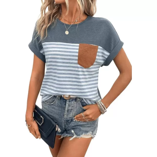 SweatyRocks Women's Color Block Striped Crewneck Tee Casual Roll Up Short Sleeve Pocket T Shirt