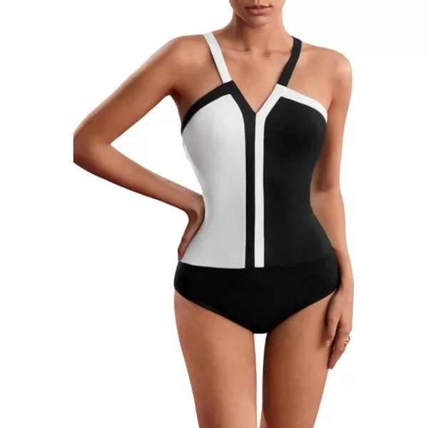 SweatyRocks Women's Color Block V Neck Sleeveless Top Bodysuit Criss Cross Backless Slim Fit Camisole Jumpsuit