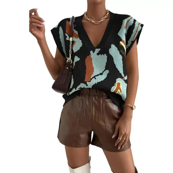 SweatyRocks Women's Colorblock Graphic Cap Sleeve V Neck Sweater Vest Casual Loose Fit Pullover Sweater Top