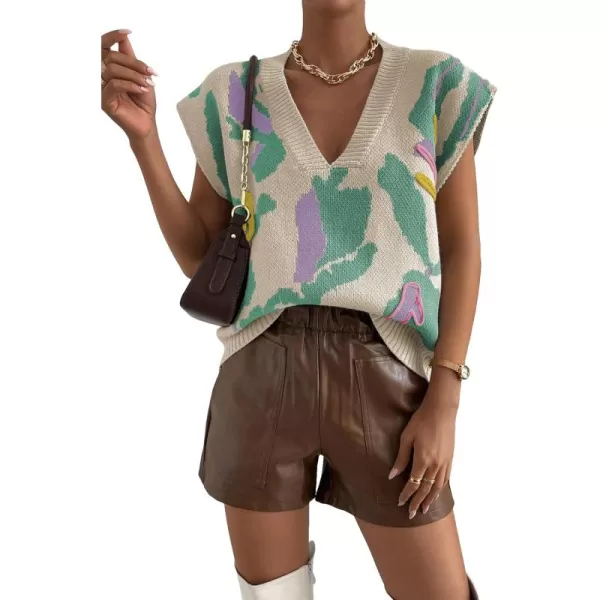 SweatyRocks Women's Colorblock Graphic Cap Sleeve V Neck Sweater Vest Casual Loose Fit Pullover Sweater Top