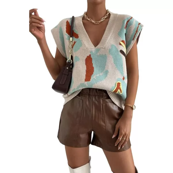 SweatyRocks Women's Colorblock Graphic Cap Sleeve V Neck Sweater Vest Casual Loose Fit Pullover Sweater Top