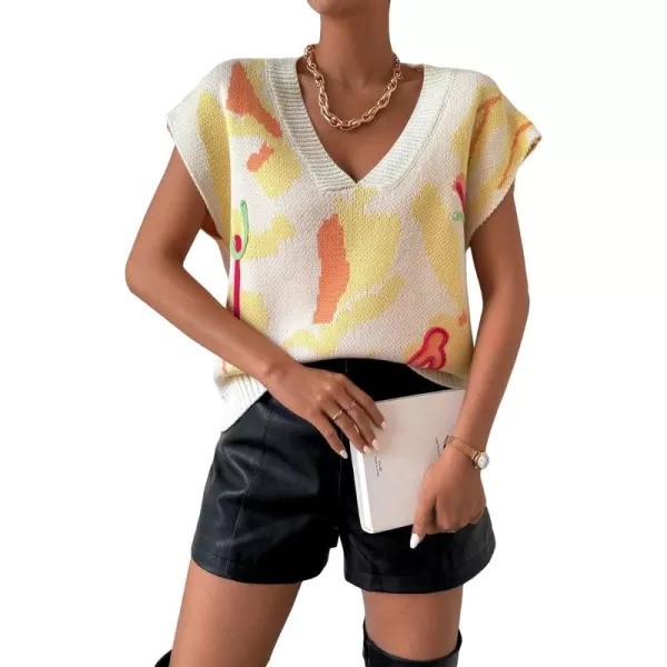 SweatyRocks Women's Colorblock Graphic Cap Sleeve V Neck Sweater Vest Casual Loose Fit Pullover Sweater Top