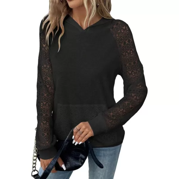 SweatyRocks Women's Contrast Lace Long Raglan Sleeve Stretch Kangaroo Pockets Hoodie Sweatshirts