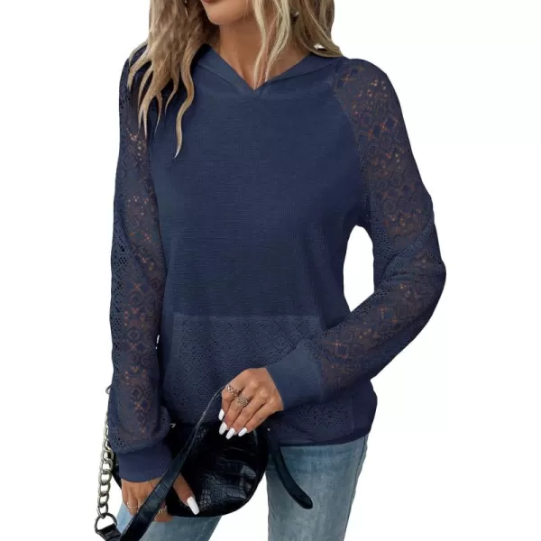 SweatyRocks Women's Contrast Lace Long Raglan Sleeve Stretch Kangaroo Pockets Hoodie Sweatshirts