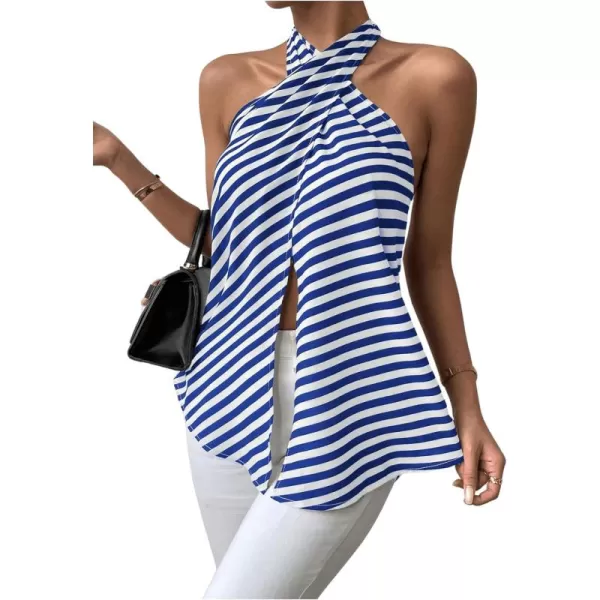 SweatyRocks Women's Criss Cross Tie Back Halter Tank Top Sleeveless Stripe Print Split Blouse Shirt