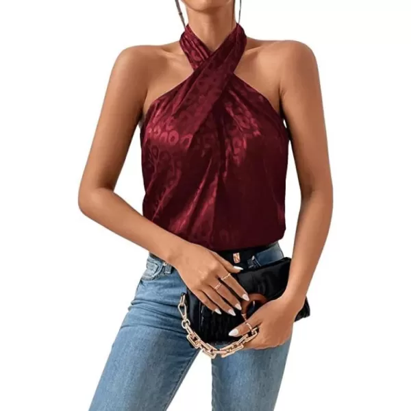 SweatyRocks Women's Crisscross Satin Halter Tops Keyhole Neck Loose Off Shoulder Casual Elegant Party Tank Tops Camis