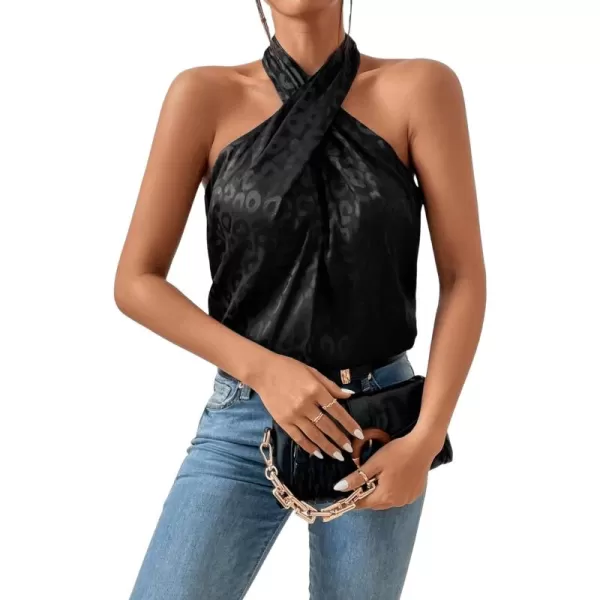 SweatyRocks Women's Crisscross Satin Halter Tops Keyhole Neck Loose Off Shoulder Casual Elegant Party Tank Tops Camis