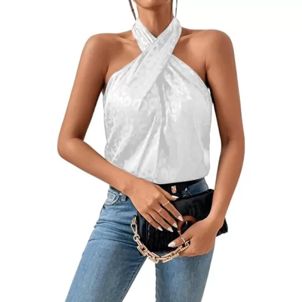 SweatyRocks Women's Crisscross Satin Halter Tops Keyhole Neck Loose Off Shoulder Casual Elegant Party Tank Tops Camis