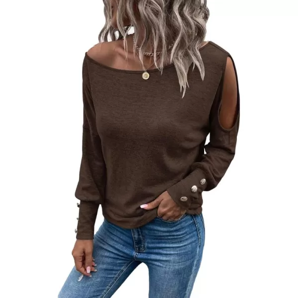 SweatyRocks Women's Cut Out Lantern Long Sleeve Tee Top Off Shoulder Plain Casual Holiday Spring Autumn Shirts