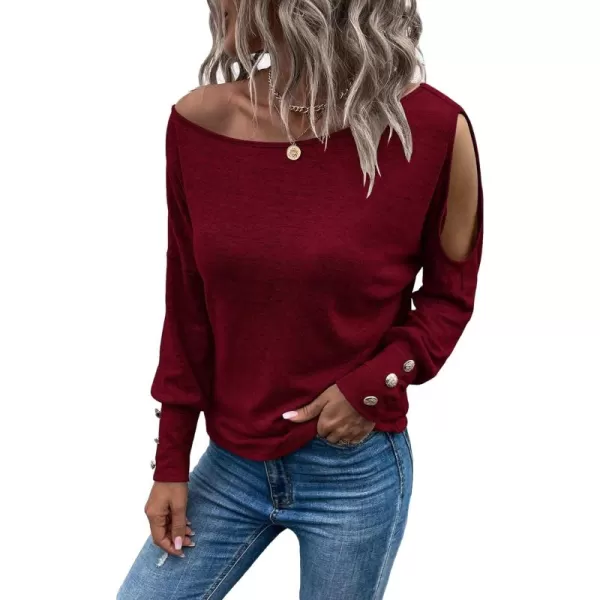SweatyRocks Women's Cut Out Lantern Long Sleeve Tee Top Off Shoulder Plain Casual Holiday Spring Autumn Shirts