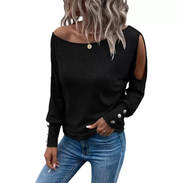 SweatyRocks Women's Cut Out Lantern Long Sleeve Tee Top Off Shoulder Plain Casual Holiday Spring Autumn Shirts