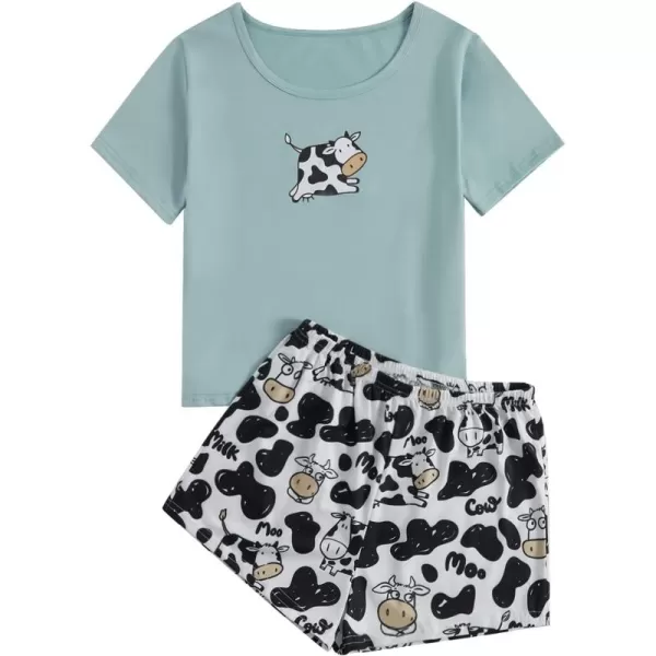 SweatyRocks Women's Cute Graphic Print Short Sleeve Crop Top With Shorts Pajama Set