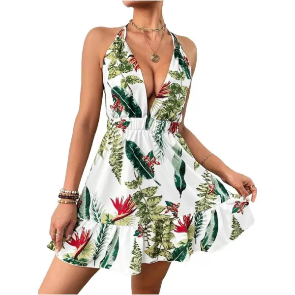 SweatyRocks Women's Deep V Neck Halter Sleeveless Mini Dress Backless Boho Floral Print Ruffle Hem Flare Dresses