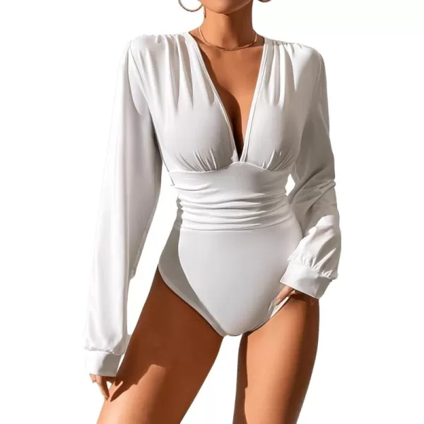 SweatyRocks Women's Deep V Neck Long Sleeve Slim Fit Ruched Blouse Bodysuit Jumpsuit