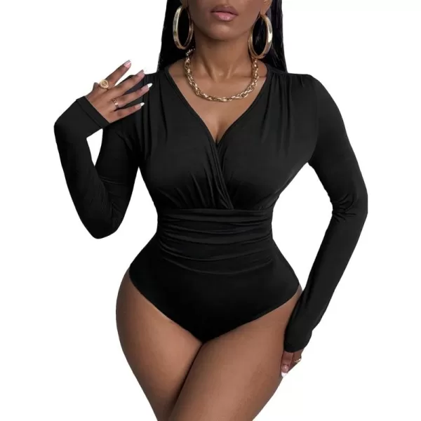 SweatyRocks Women's Deep V Neck Long Sleeve Slim Fit Ruched Blouse Bodysuit Jumpsuit