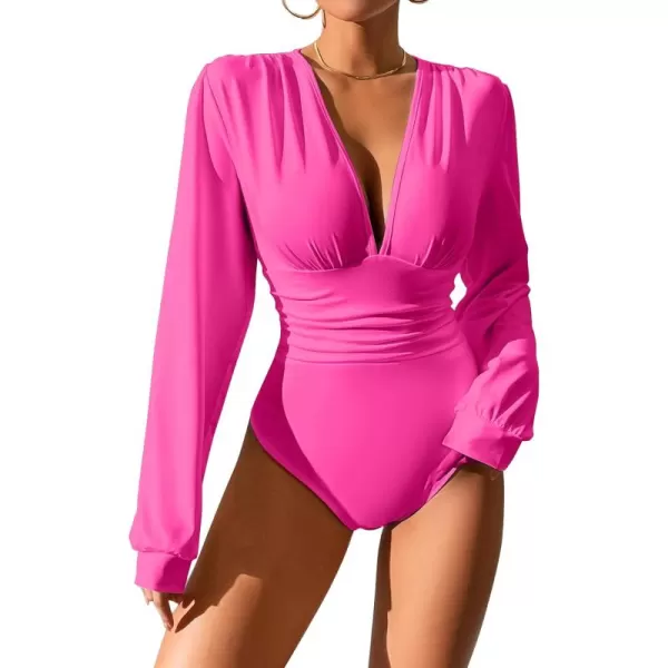 SweatyRocks Women's Deep V Neck Long Sleeve Slim Fit Ruched Blouse Bodysuit Jumpsuit