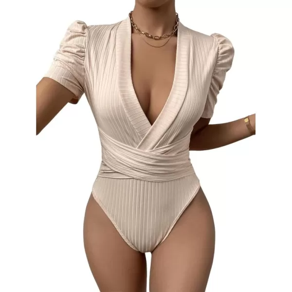 SweatyRocks Women's Deep V Neck Short Puff Sleeve Cross Wrap Slim Fit Bodysuit Tee Top