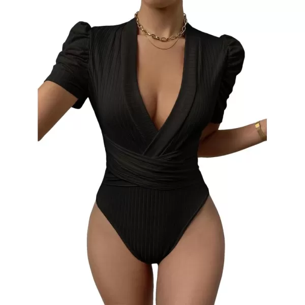 SweatyRocks Women's Deep V Neck Short Puff Sleeve Cross Wrap Slim Fit Bodysuit Tee Top
