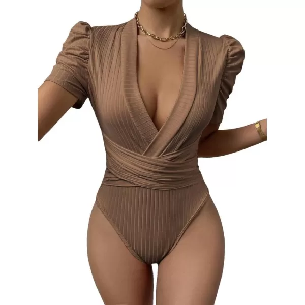 SweatyRocks Women's Deep V Neck Short Puff Sleeve Cross Wrap Slim Fit Bodysuit Tee Top