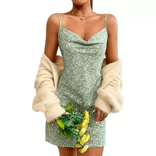 SweatyRocks Women's Ditsy Floral Sleeveless Spaghetti Strap Cowl Neck Cami Dress Draped Belted Boho Summer Short Dresses