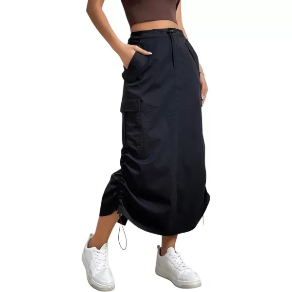 SweatyRocks Women's Drawstring Elastic Waist Cargo Skirt Split Back Straight Long Skirts with Pocket