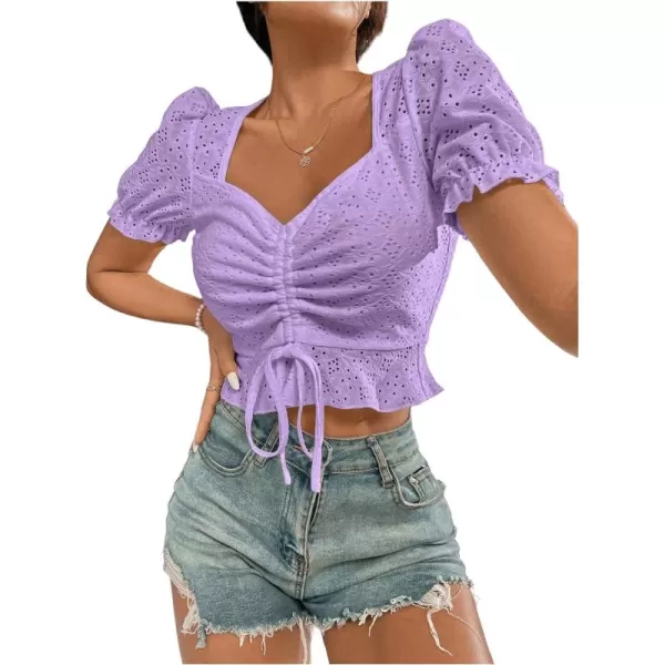 SweatyRocks Women's Drawstring Ruched Eyelet Embroidery T Shirt Short Puff Sleeve Sweetheart Neck Elegant Crop Tops