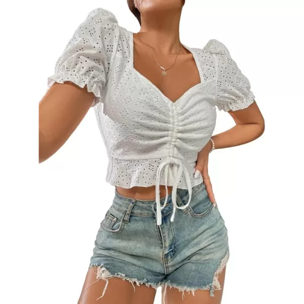 SweatyRocks Women's Drawstring Ruched Eyelet Embroidery T Shirt Short Puff Sleeve Sweetheart Neck Elegant Crop Tops