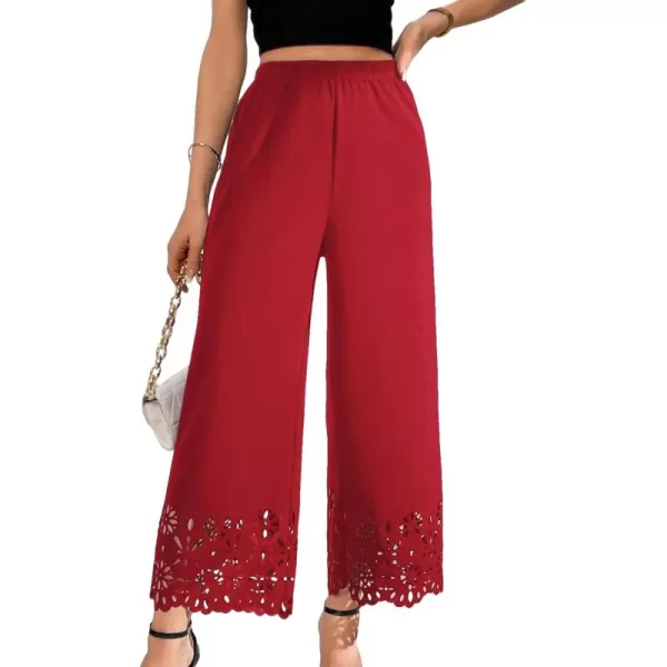 SweatyRocks Women's Elegant Elastic Waist Wide Leg Pants Cut Out Scallop Leg Pants