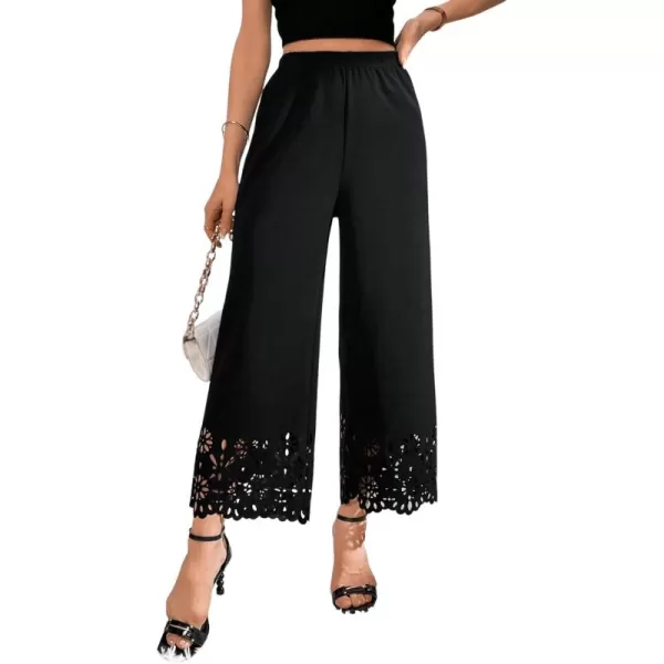 SweatyRocks Women's Elegant Elastic Waist Wide Leg Pants Cut Out Scallop Leg Pants