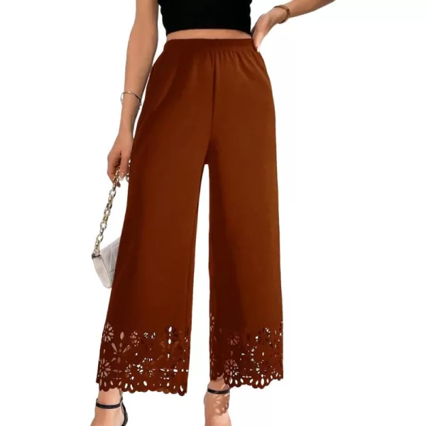 SweatyRocks Women's Elegant Elastic Waist Wide Leg Pants Cut Out Scallop Leg Pants