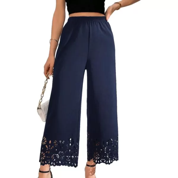 SweatyRocks Women's Elegant Elastic Waist Wide Leg Pants Cut Out Scallop Leg Pants