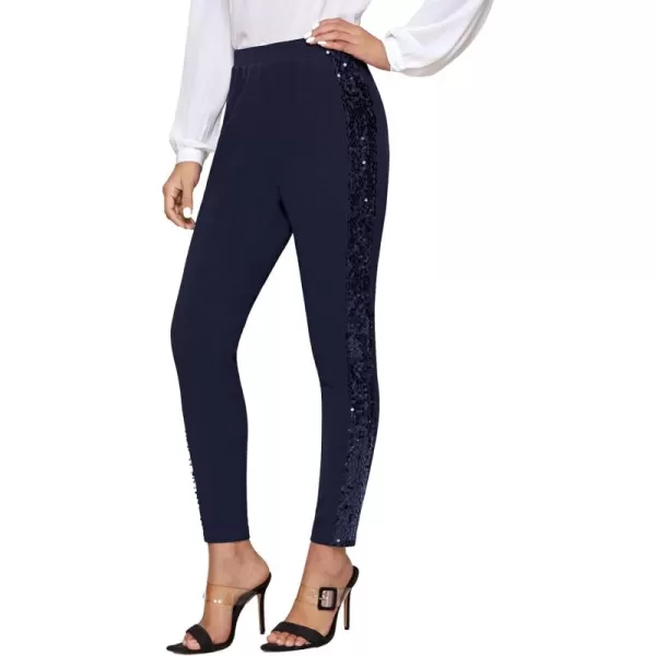 SweatyRocks Women's Elegant High Elastic Waist Sequins Pants Solid Skinny Cropped Pants