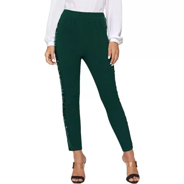 SweatyRocks Women's Elegant High Elastic Waist Sequins Pants Solid Skinny Cropped Pants