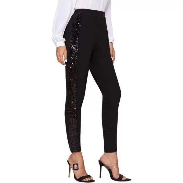 SweatyRocks Women's Elegant High Elastic Waist Sequins Pants Solid Skinny Cropped Pants