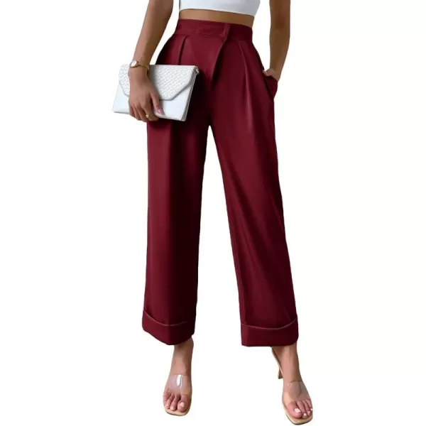SweatyRocks Women's Elegant High Waist Roll Up Hem Pleated Wide Leg Pants with Pocket