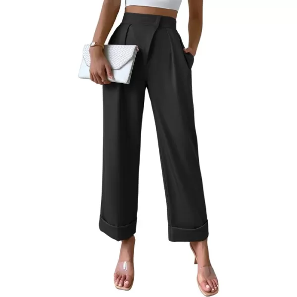 SweatyRocks Women's Elegant High Waist Roll Up Hem Pleated Wide Leg Pants with Pocket