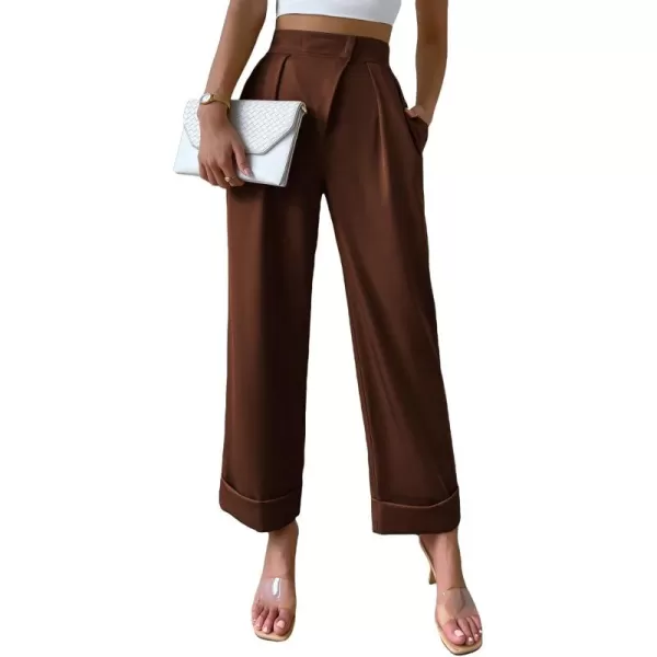 SweatyRocks Women's Elegant High Waist Roll Up Hem Pleated Wide Leg Pants with Pocket