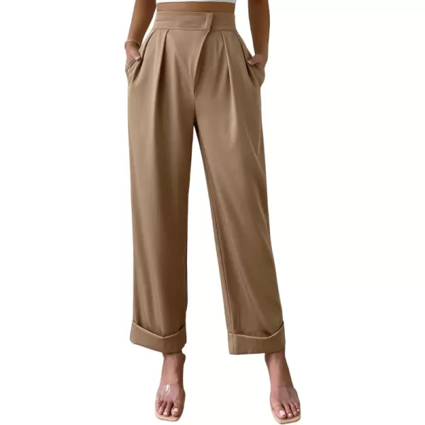 SweatyRocks Women's Elegant High Waist Roll Up Hem Pleated Wide Leg Pants with Pocket