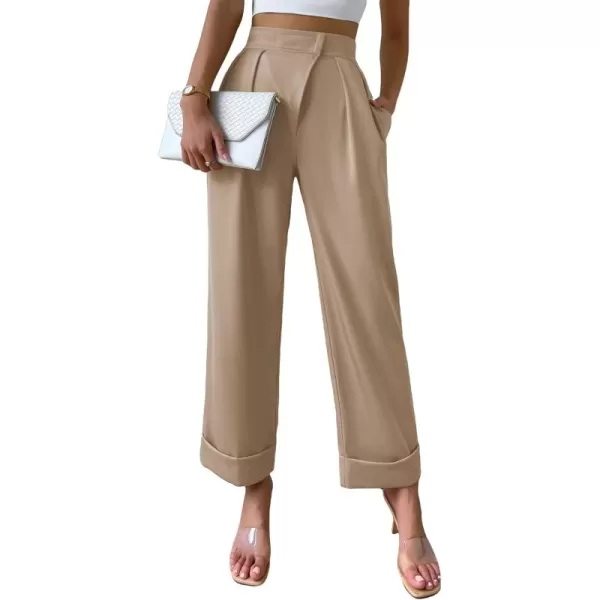 SweatyRocks Women's Elegant High Waist Roll Up Hem Pleated Wide Leg Pants with Pocket