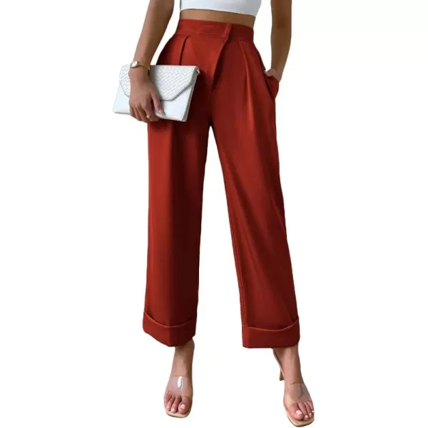 SweatyRocks Women's Elegant High Waist Roll Up Hem Pleated Wide Leg Pants with Pocket