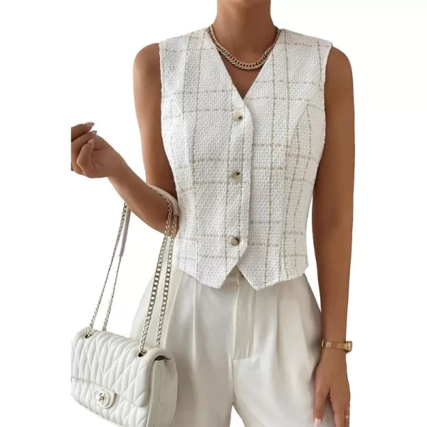 SweatyRocks Women's Elegant Plaid Print Sleeveless V Neck Button Down Blazer Vest Jacket
