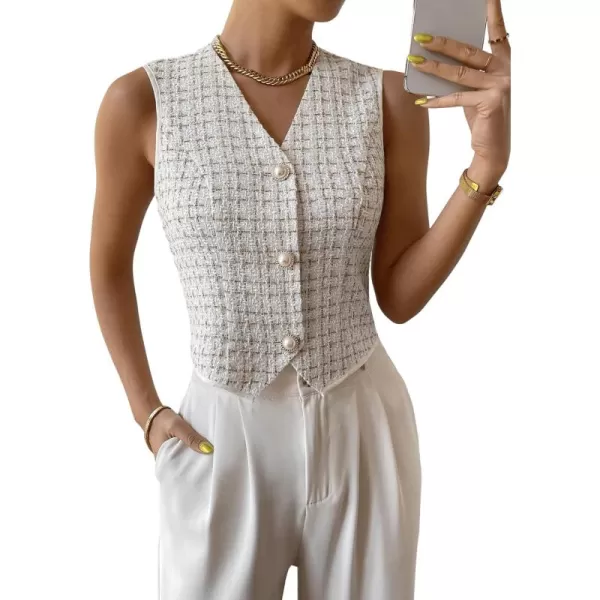 SweatyRocks Women's Elegant Plaid Print Sleeveless V Neck Button Down Blazer Vest Jacket