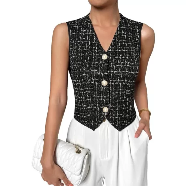 SweatyRocks Women's Elegant Plaid Print Sleeveless V Neck Button Down Blazer Vest Jacket
