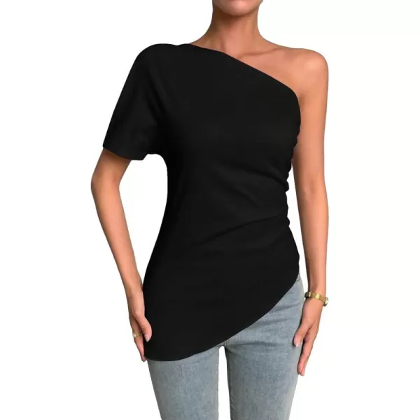SweatyRocks Women's Elegant Shirts One Shoulder Short Sleeve Asymmetrical Hem Ruched Blouse top