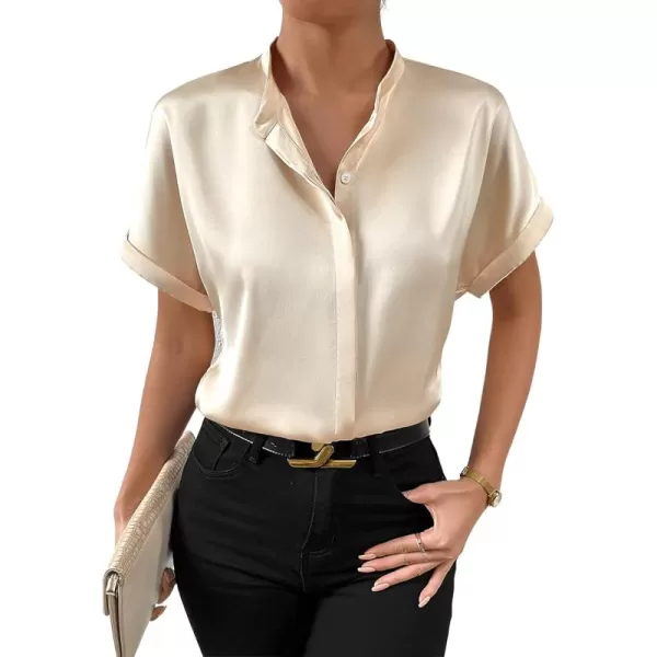 SweatyRocks Women's Elegant Stand Collar Button Dowm Shirt Short Sleeve Satin Blouse Top