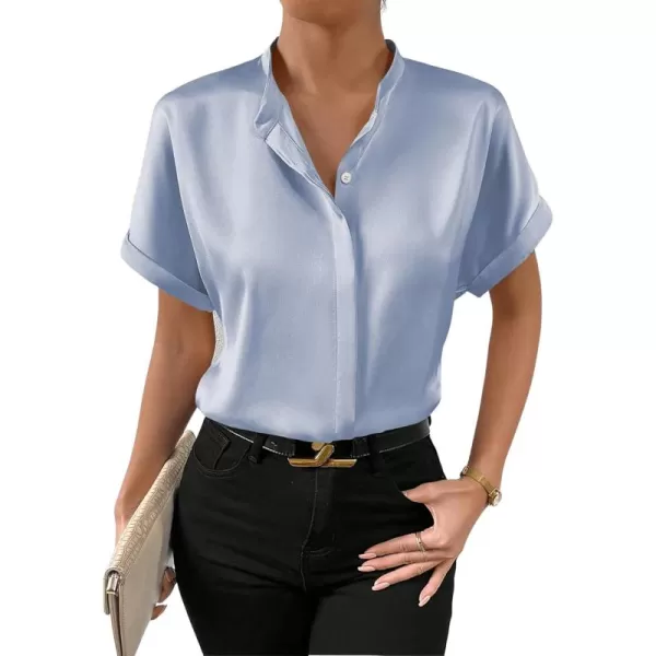 SweatyRocks Women's Elegant Stand Collar Button Dowm Shirt Short Sleeve Satin Blouse Top