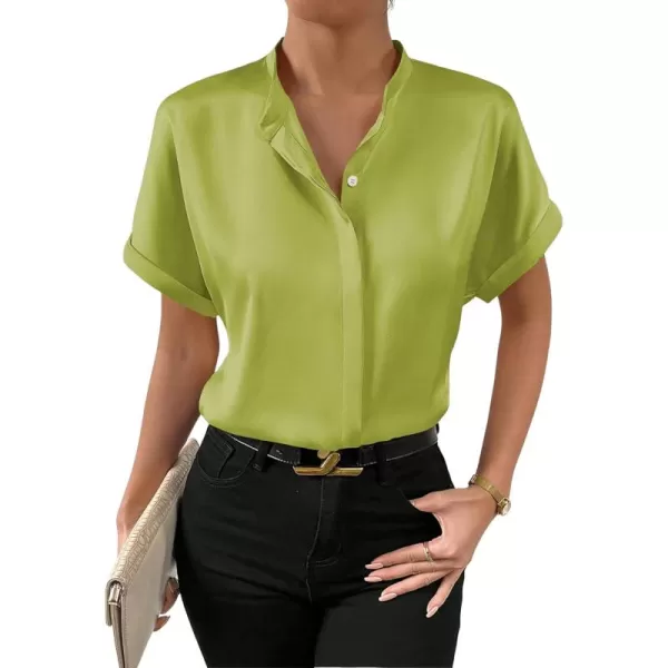 SweatyRocks Women's Elegant Stand Collar Button Dowm Shirt Short Sleeve Satin Blouse Top