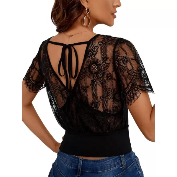 SweatyRocks Women's Elegant V Neck Tie Back Short Sleeve Tee Contrast Lace Blouse Top
